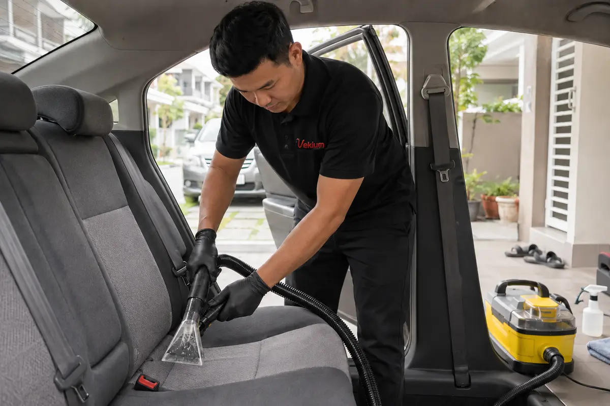 VEKIUM technician performing car seat cleaning