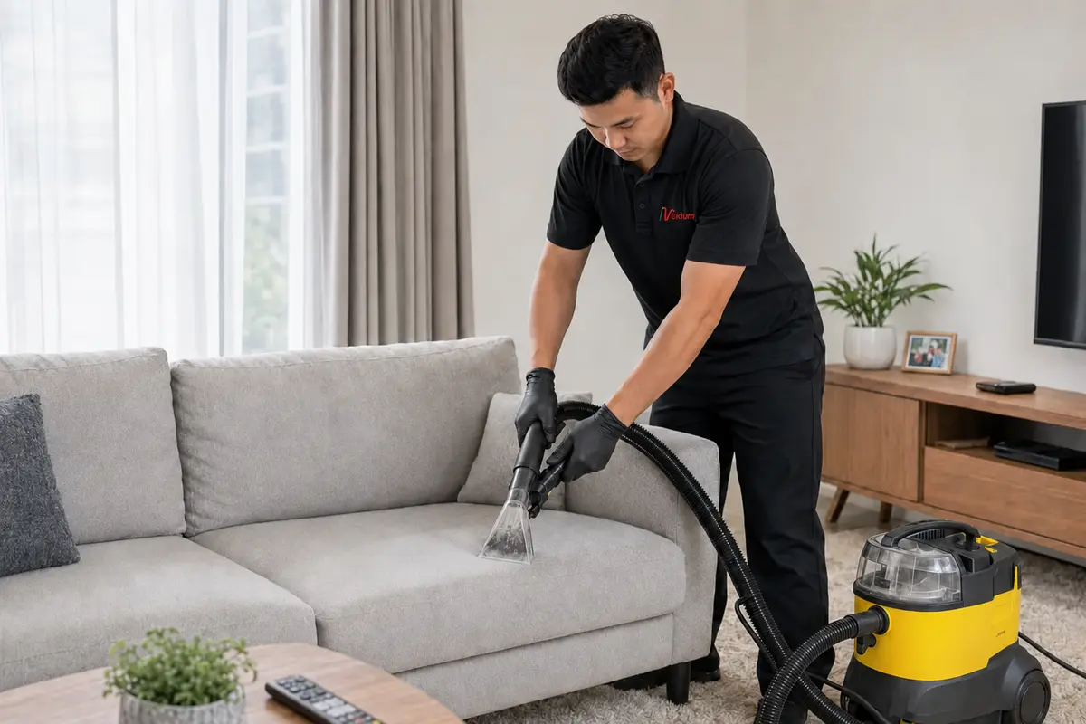 VEKIUM technician performing sofa cleaning
